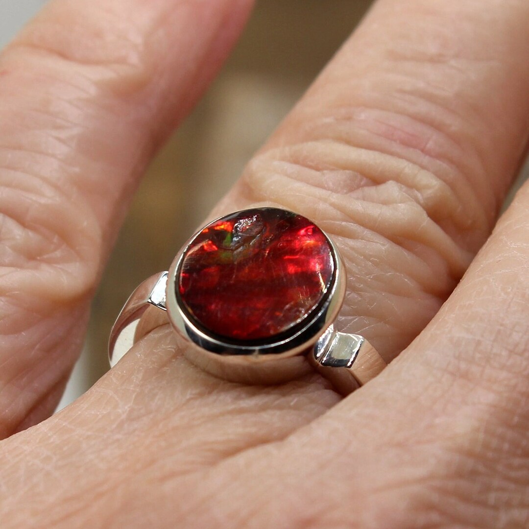 Red Ammolite Ring Bright Red Genuine Ammolite Stone Ring Set on 925 ...