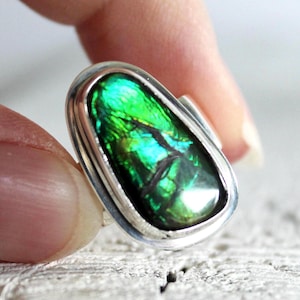 Ammolite Ring: Teal Blue & Green Stone, 925 Silver Bezel, Size 6.5