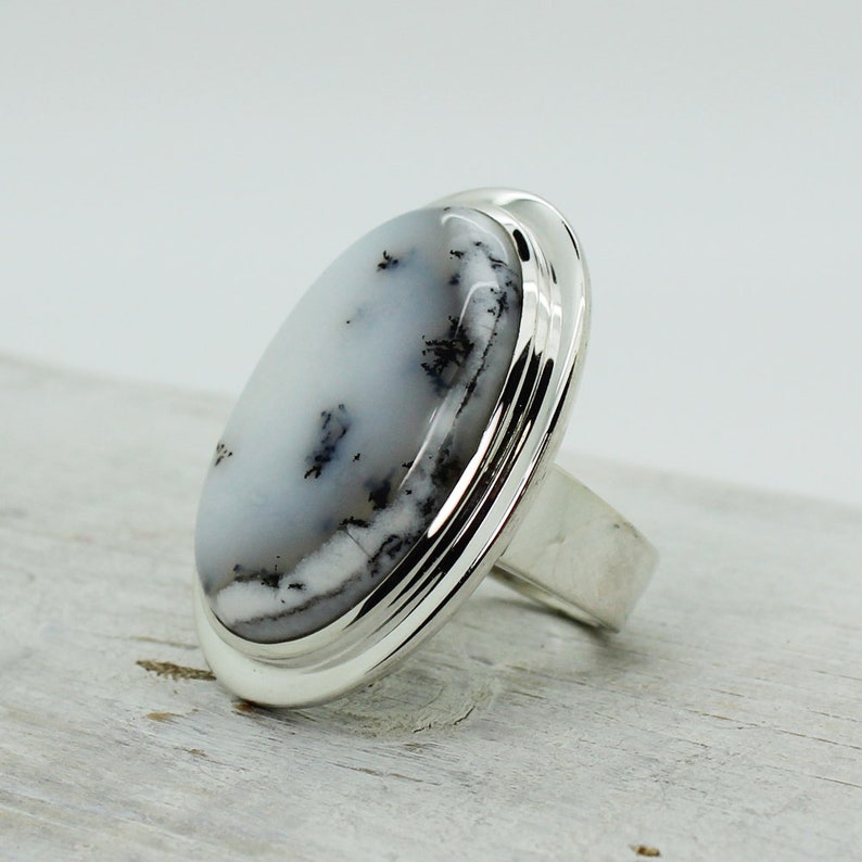 Dentritic opal or agate stone ring oval shape top quality bezel sterling silver 925 natural stone jewelry best quality rings solid silver