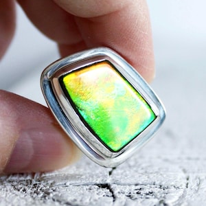 Freeform Ammolite Ring: Green, Orange, Yellow Stone, 925 Silver Bezel, Size 7.5-8