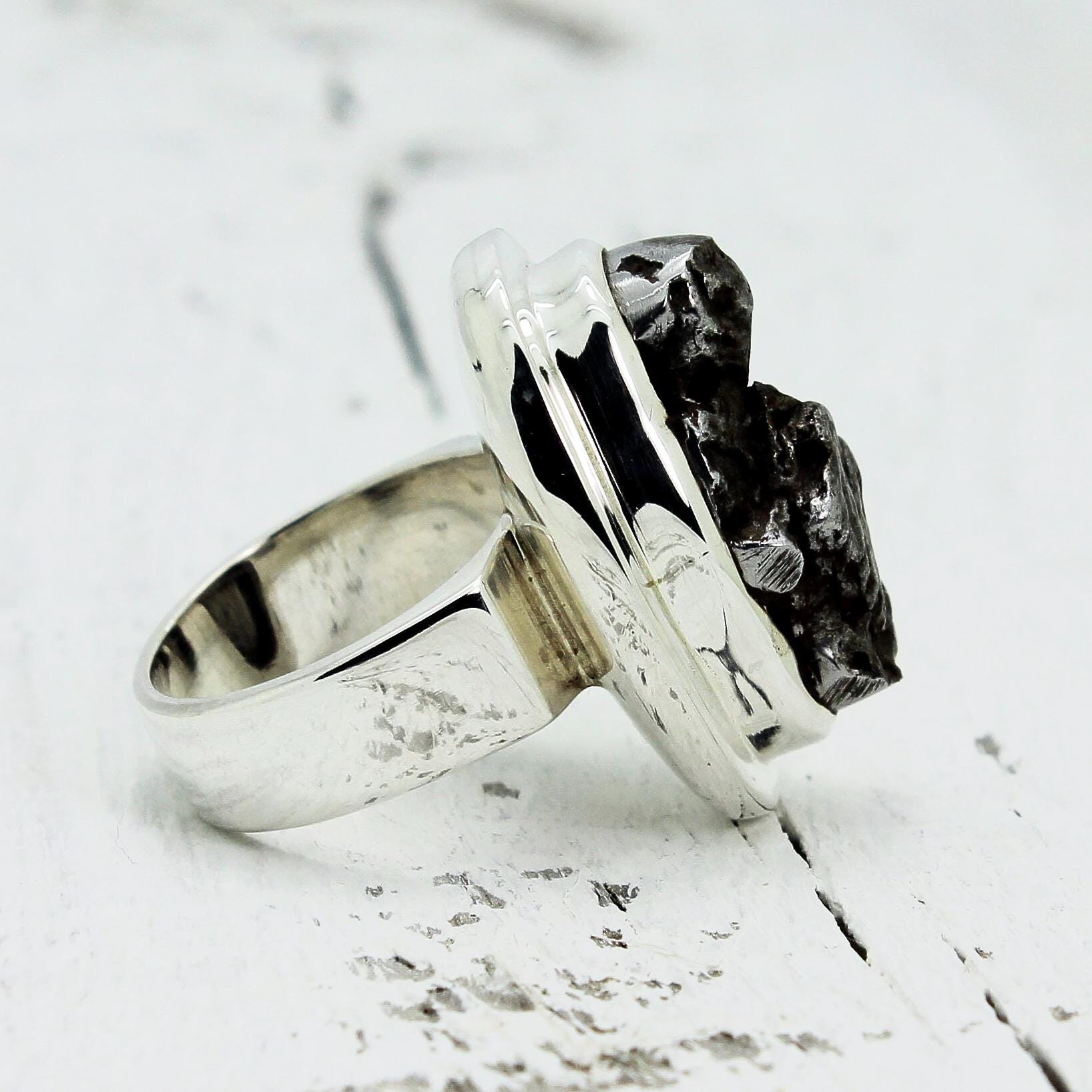 Unique Style Meteorite Ring Genuine Stone Freeform Shape Cab