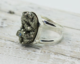 Golden pyrite ring oval shape with natural raw stone from Peru set on 925 sterling silver amazing quality unisex ring