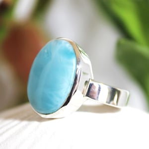 Oval Larimar Stone Ring: 925 Sterling Silver, Size 9