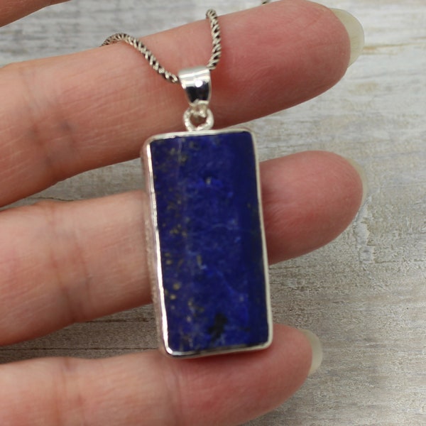 Rectangular shape raw Lapis pendant unpolished oval shape set on 925 sterling silver natural Lapis Lazuli stone amazing color raw stone