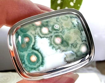 Ocean Jasper Ring: Orbicular Stone, 925 Sterling Silver Bezel, Size 9-9.5, Re Sizing available