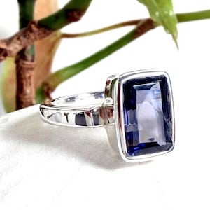 Peut inclure: Bague en argent ornée d'une pierre précieuse rectangulaire bleu foncé. La pierre est sertie dans un sertissage en argent. La bague est présentée sur une surface blanche. Le design est simple et élégant, idéal pour un usage quotidien. La pierre mesure environ 1,5 cm x 1 cm.