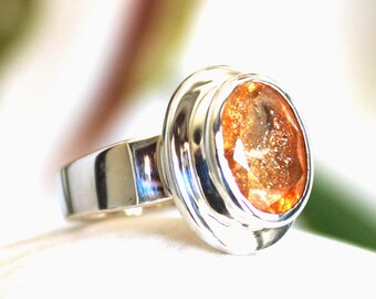 Oval Sunstone Ring: Sterling Silver, Iridescent Orange, Size 6