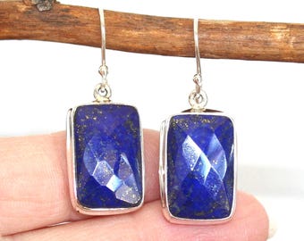 Sterling Silver Lapis Lazuli Earrings: Checkerboard Cut Dangle Earrings