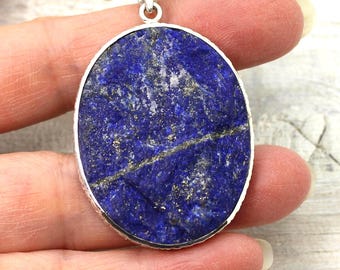 Raw Lapis Lazuli Pendant: Oval Sterling Silver, Natural Stone