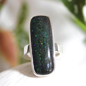 Black Matrix Opal Ring: Long Rectangle Sterling Silver Ring, Size 7-7.5