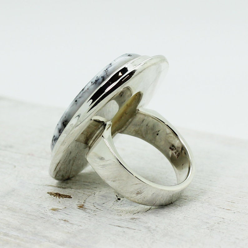 Dentritic opal or agate stone ring oval shape top quality bezel sterling silver 925 natural stone jewelry best quality rings solid silver