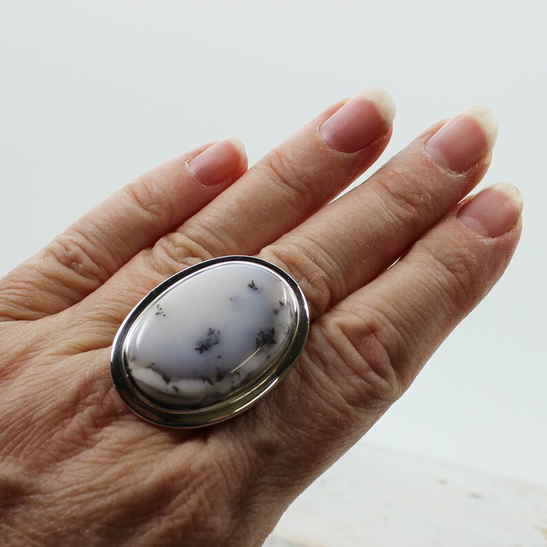 Dentritic opal or agate stone ring oval shape top quality bezel sterling silver 925 natural stone jewelry best quality rings solid silver