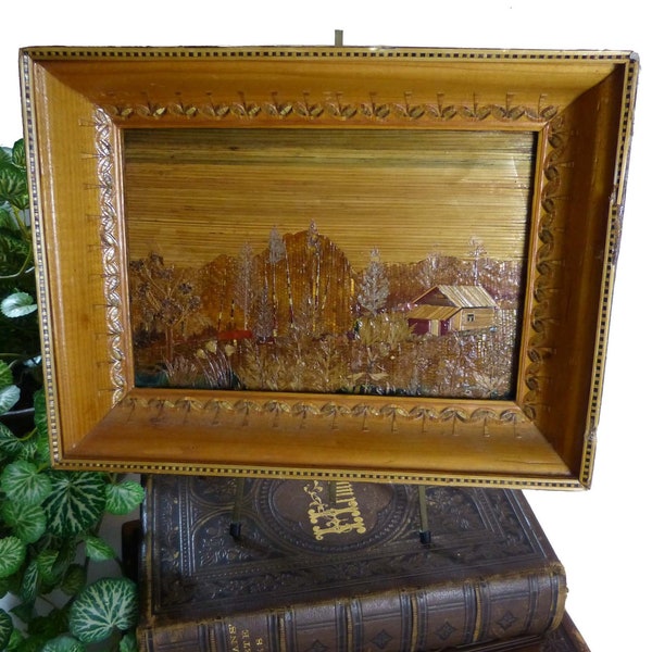 Framed Intricate Straw Marquetry Landscape House Trees Inlaid Shadowbox Frame Russian Folk Art