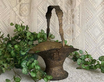 Ornate Repousse Bride's Basket Blackened Gold Finish Over Silverplate