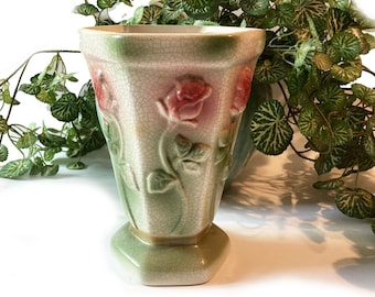 Ceramic Vase 6 Sided Long Stemmed Red Rose In Relief Crackle Glaze