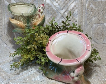 Pair Of Whimsical Vintage Flower Fairy Ceramic Planters Soft Colors