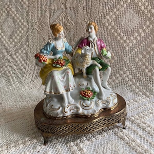 Porcelain Courting Couple Figurine Mounted On Ornate Brass Metal Base