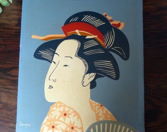 Japanese Geisha Painting  On Stretched Canvas Signed