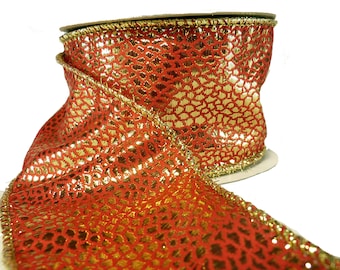 Tomato Red And Gold Animal Print Lame Wired Ribbon  2.5" Wide By The Roll 10 Yards