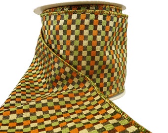 Moss Green Orange Black & Beige Check Wired Ribbon  4" Wide By The Roll 10 Yards