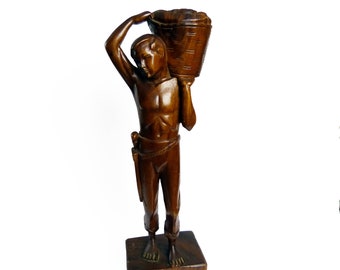 Wooden Carved Statue Man With Basket Of Fruit