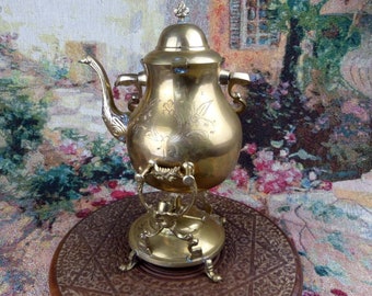 Brass Tilting Teapot On Oil Burning Warming Stand Ornate Design Etched Body