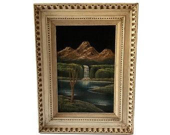 Landscape On Black Velvet Oil Painting Waterfall Mountain Background Framed