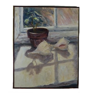 May include: A painting of a still life with a potted plant, two seashells, and a window with light streaming through it. The plant is in a brown pot and the seashells are white and pink. The window is white with a wooden frame.