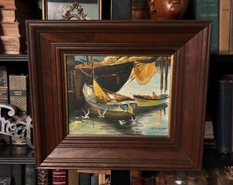 Oil Painting Beautifully Painted Docked Boats Framed & Signed H. Lemon