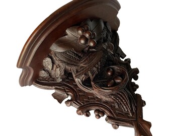 Swiss Black Forest Wooden Wall Shelf Heavily Carved Bird With Nest Leaves & Branches