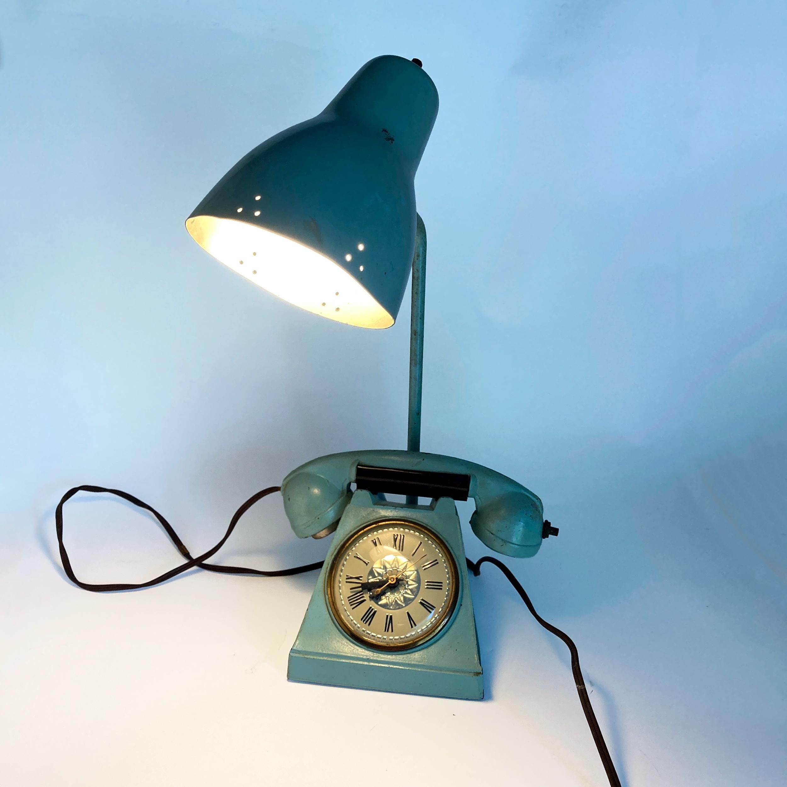 Vintage Trea Boye Turquoise Telephone Shaped Clock - Lamp Cone