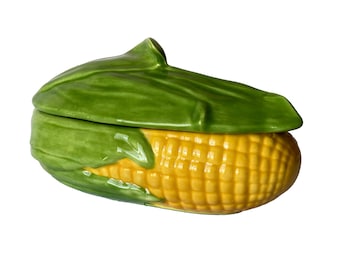 Plato de cerámica con tapa en forma de mazorca de maíz, verde y amarillo, 1978