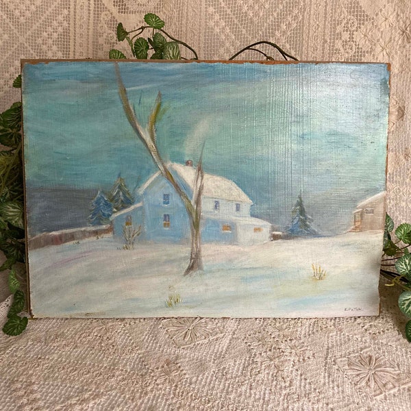 Oil Painting Grandma's House Snowy Landscape Signed  Petok 1950s-60s