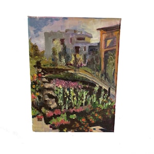 Building Garden Landscape Plein Air Original Oil Painting 9 x 12 Unframed Stretched Canvas