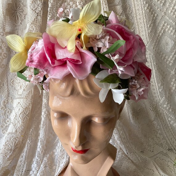 Lord & Taylor Spring Flower Hat Pink Roses Yellow… - image 2