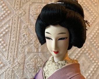 Japanese Geisha Doll 18" Lavender Silk Crepe Kimono Sculpted Fabric Face Vintage 1960s