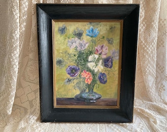 Delicate Flowers In Vase Still Life Oil Painting 1965 Framed Weber Canvas Panel