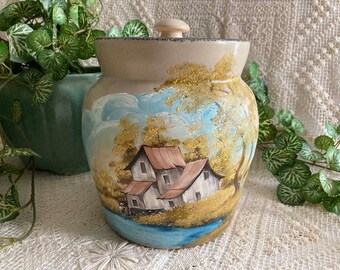 Handpainted Crock Jar With Lid Landscape With House River & Trees