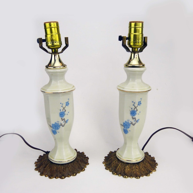 Cream Porcelain with Blue Flowers Pair Of Vanity Bedside Lamps