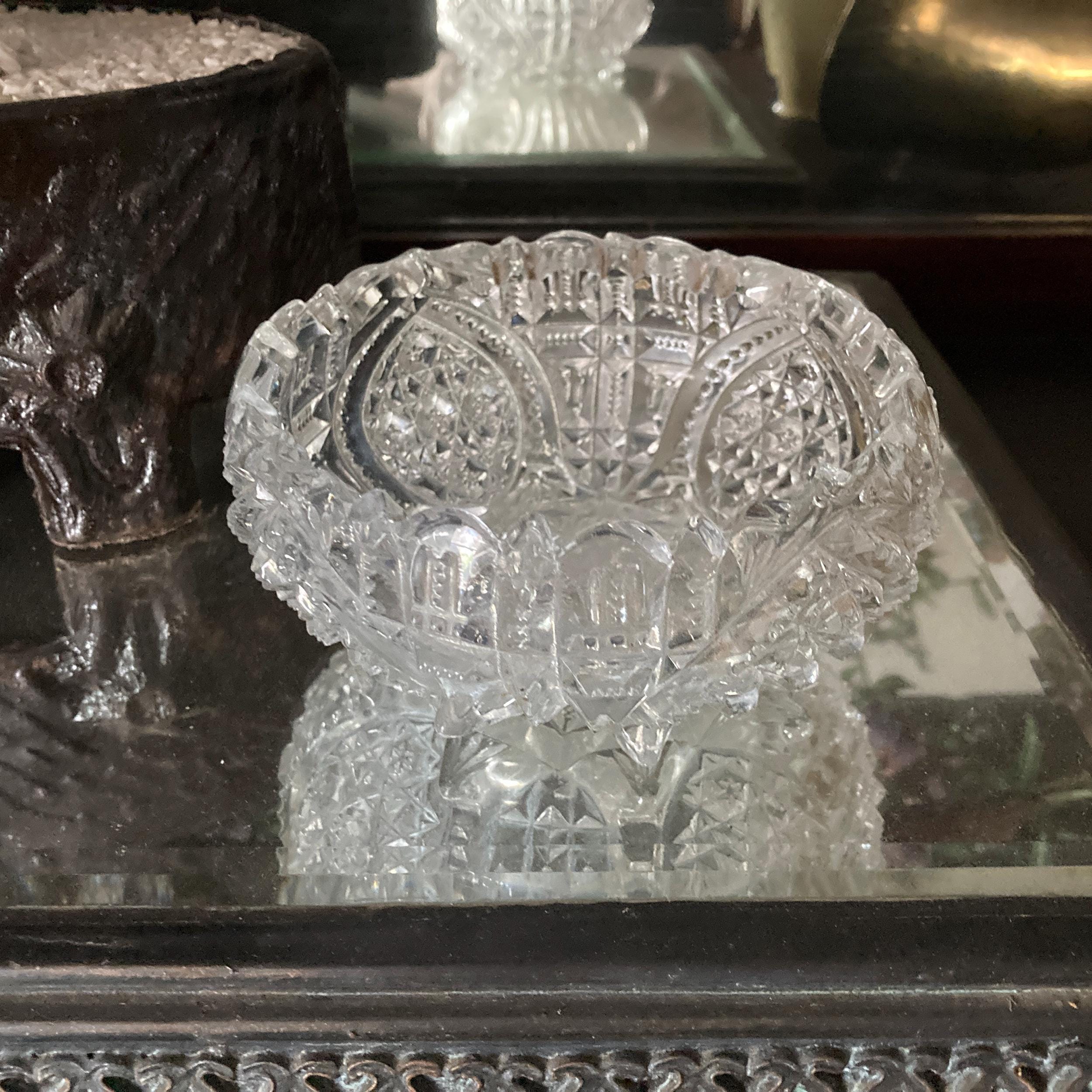 Pressed Glass Footed Bowl Relish Condiment Diamond Medallion Pattern