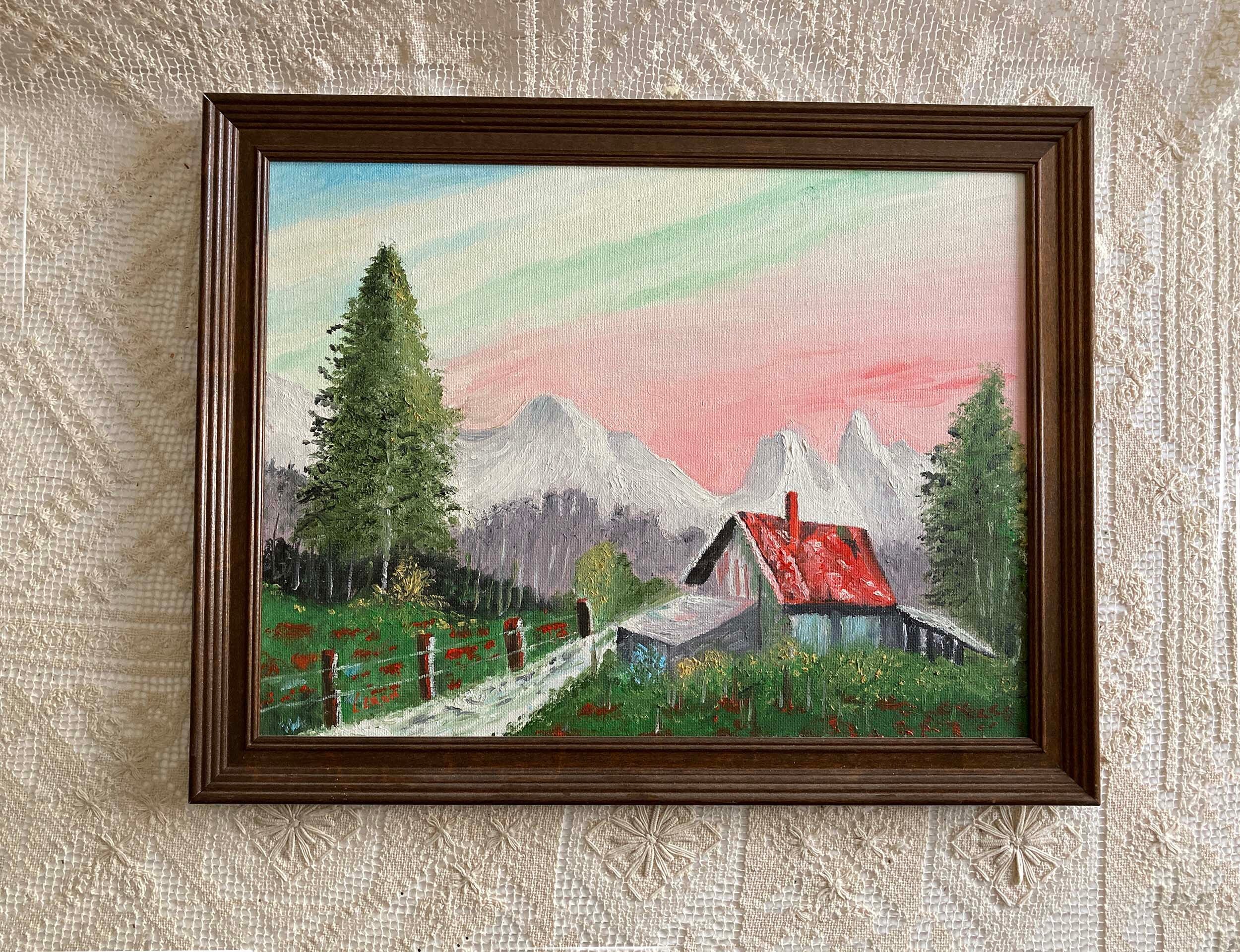 く日はお得♪ 風景 山の家 素朴な風景 油絵 木々 額入り レノン サイン入り 絵画