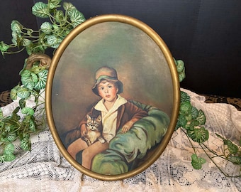 Oil Painting Oval Portrait Of A Young Boy And His Cat Gold Wooden Frame 1930s-40s