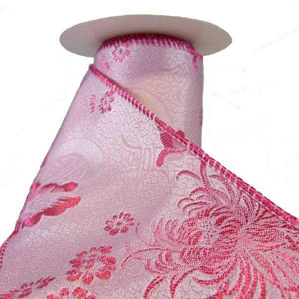 Woven Chinese Chrysanthemum Floral Pattern Hot Pink Wired Ribbon  4" Wide By The Roll 5 Yards