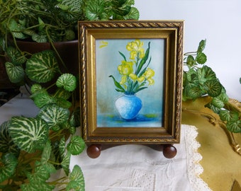 Bouquet Of Yellow Iris In Vase Miniature Oil Painting Framed & Signed