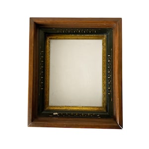 Antik viktoriansk skugglåda i snidad trä, svart och guldfärgad kant med glas, 8x10