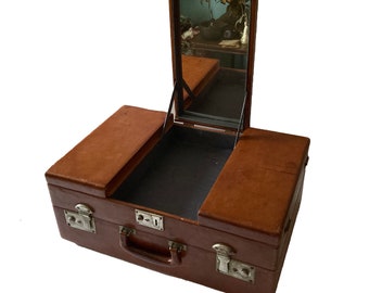 Leather Vintage Travel Vanity Suitcase Pop Up Mirror With Fold Out Trays & Storage Space