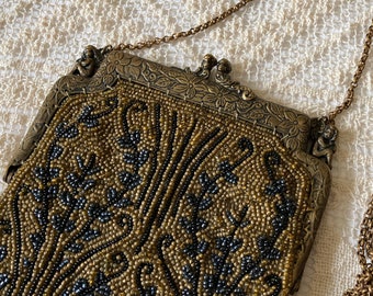 Intricate Deco Beaded Handbag Black & Gold Purse Metal Frame Fringe Chain Handle Reproduction 1990s