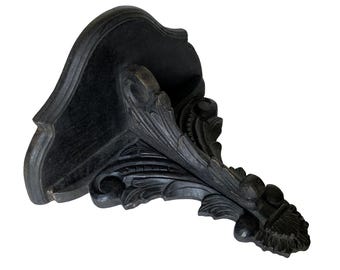 Carved Wood Wall Shelf Sconce Scrolling Leaf Support Distressed Black Large