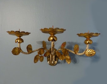 Metal Gilded Leaf & White Wall Sconce 3 Pillar Or Votive Candles
