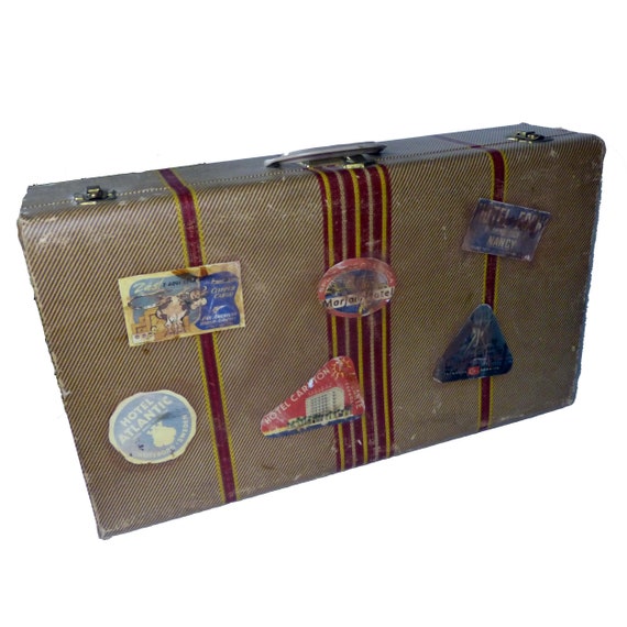 Vintage 1940s Large Cardboard Suitcase Tan Red Stripes Covered in Travel  Stickers Luggage -  UK